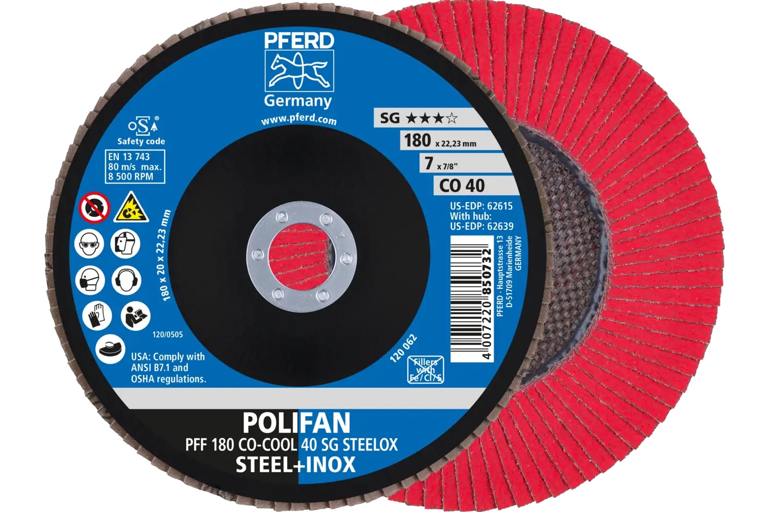 Picture of Pferd Flap Disc, 7" x 7/8, Co-Cool SG Steelox, 40 Grit, T27, Flat, Ceramic oxide